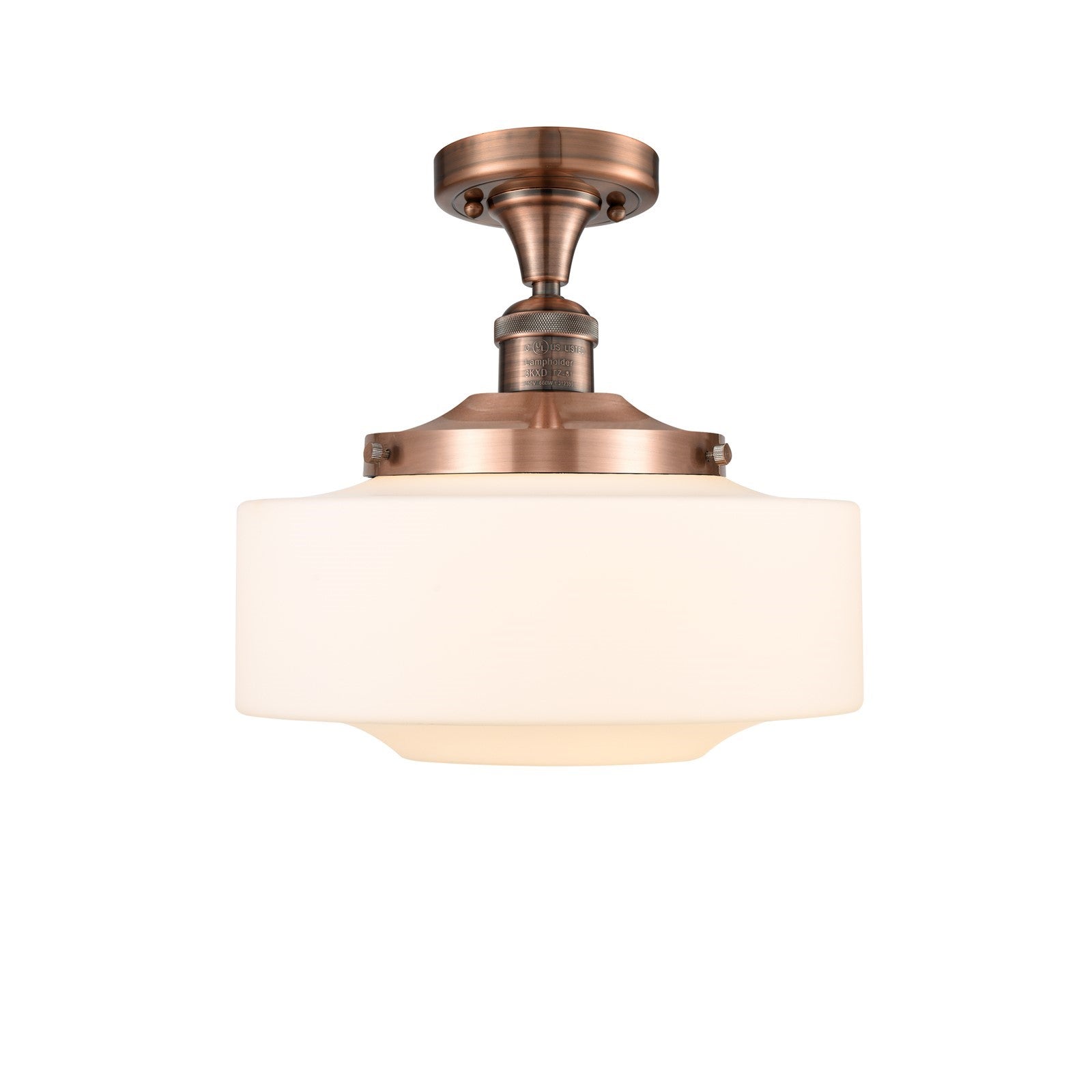 Innovations Bridgeton 12in 1-Light Semi-Flush Mount | Traditional Antique Copper Steel and Matte White Frosted Glass | Model 517-1CH-AC-G691-12-LED
