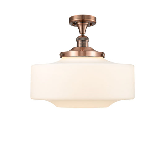 Innovations Bridgeton 16in 1-Light Semi-Flush Mount | Traditional Antique Copper Steel and Matte White Frosted Glass | Model 517-1CH-AC-G691-16-LED