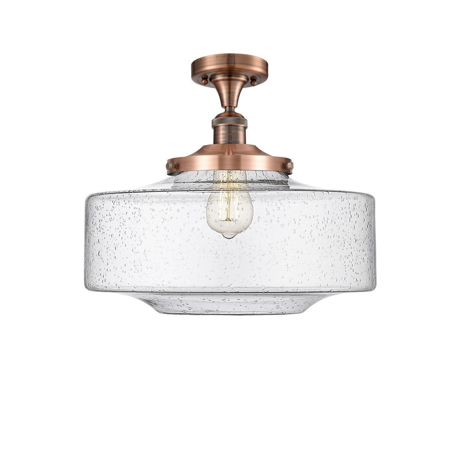 Innovations Bridgeton 16in 1-Light Semi-Flush Mount | Traditional Antique Copper Steel and Cast Brass Seedy Glass Schoolhouse | Model 517-1CH-AC-G694-16