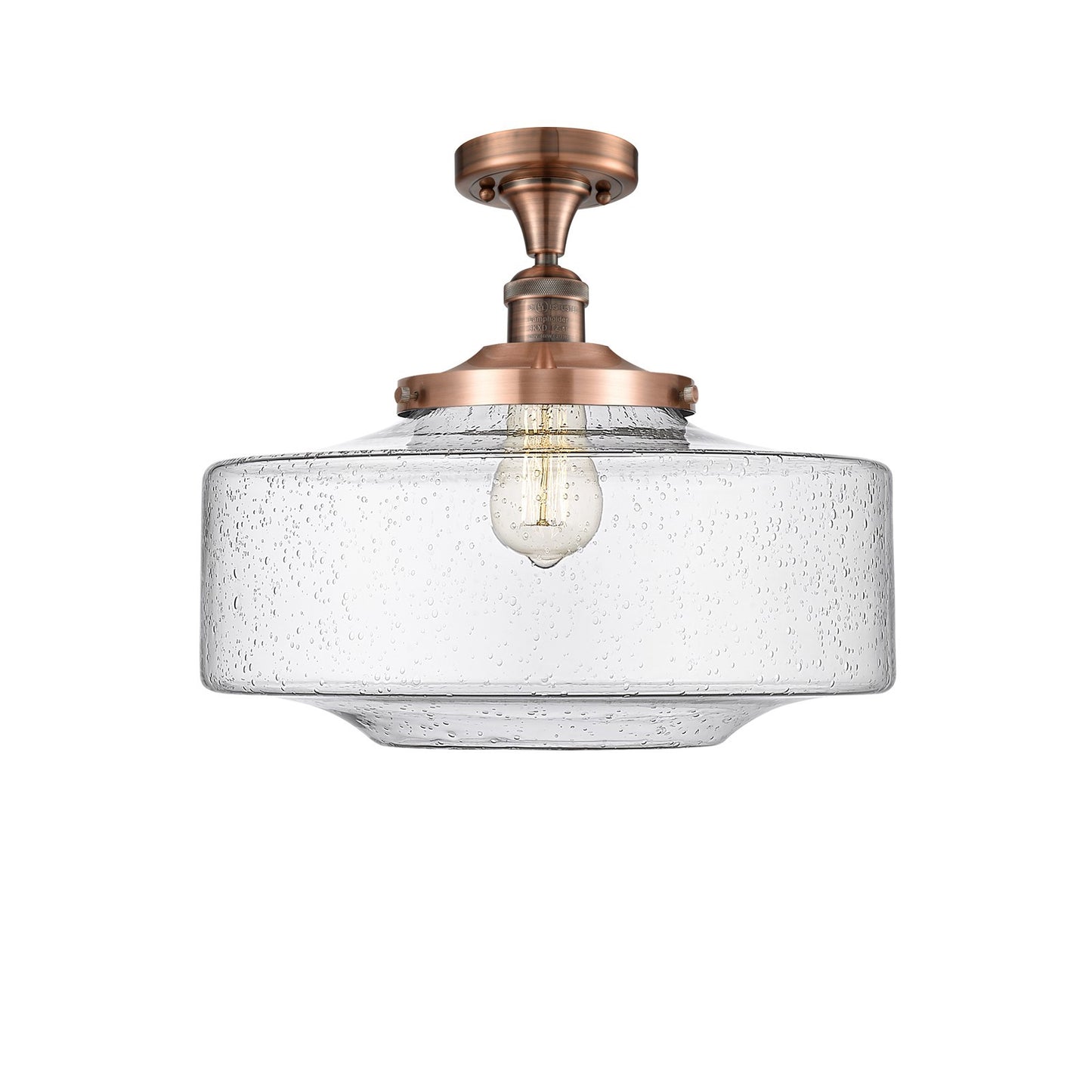 Innovations Bridgeton 16in 1-Light Semi-Flush Mount | Traditional Antique Copper Steel and Seedy Glass Schoolhouse Shade | Model 517-1CH-AC-G694-16-LED