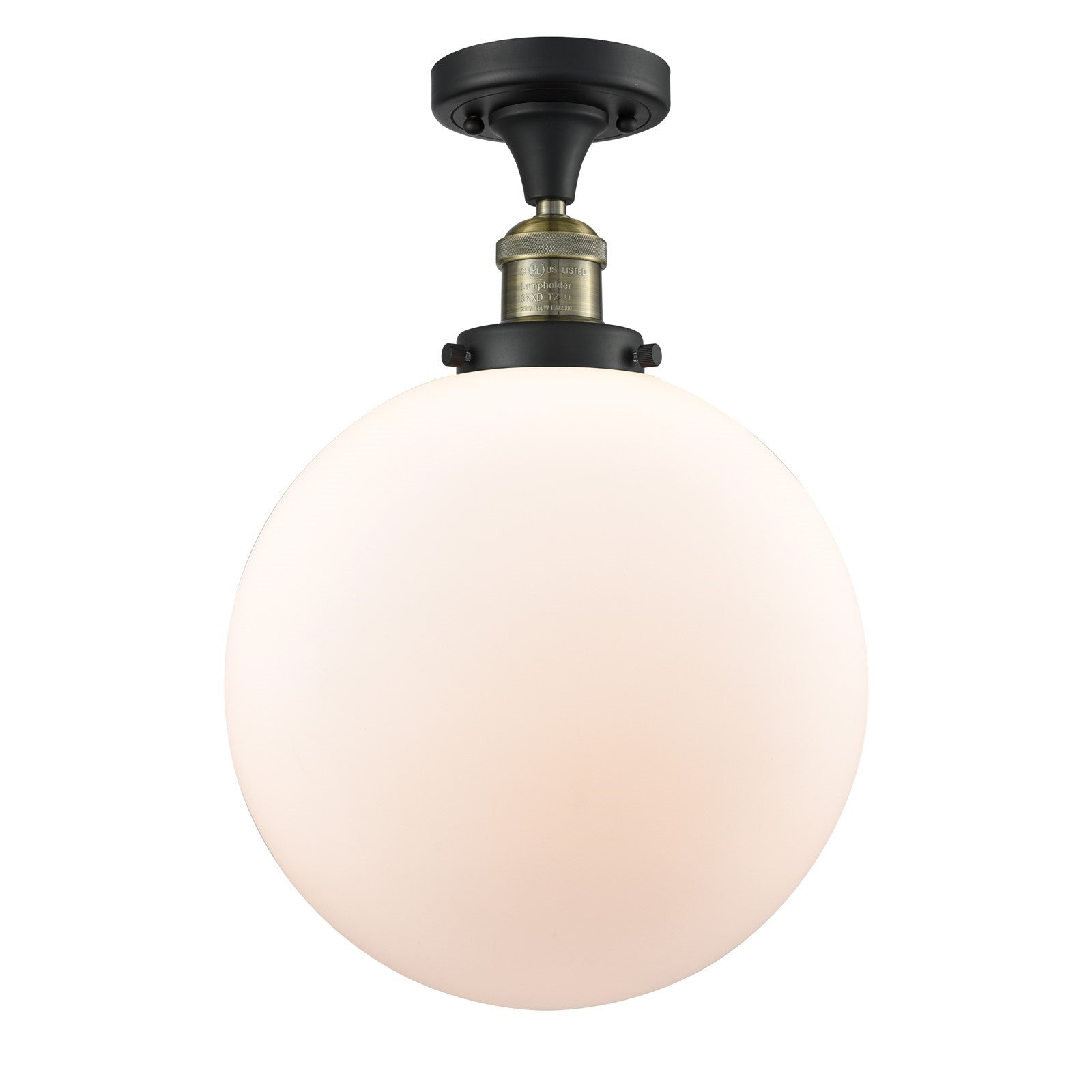 Innovations Beacon 12in 1-Light Semi-Flush Mount | Industrial Black Antique Brass Steel and Matte White Frosted Glass | Model 517-1CH-BAB-G201-12-LED