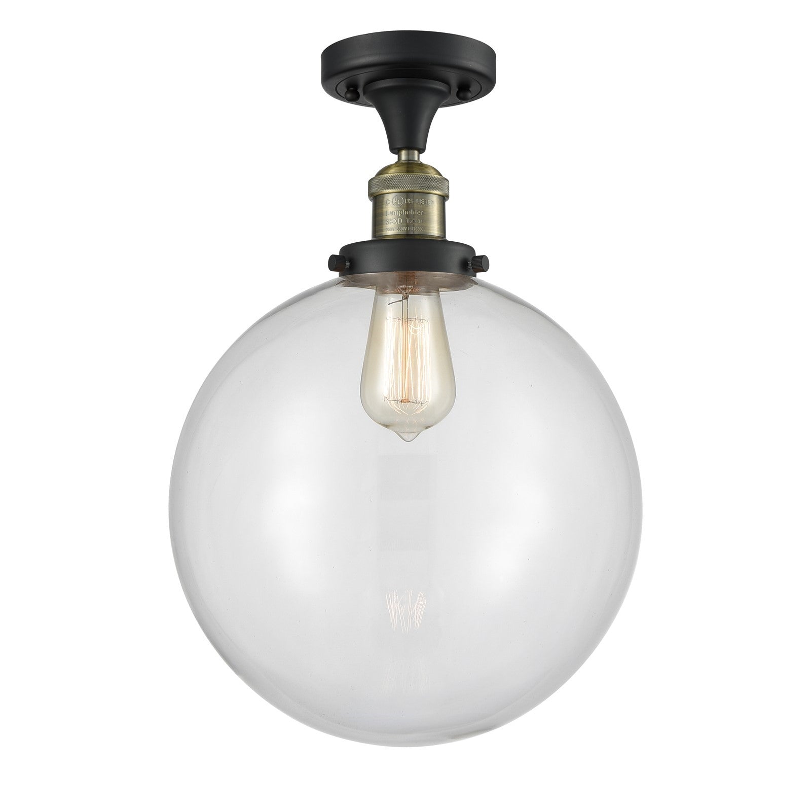 Innovations Beacon 12in 1-Light Semi-Flush Mount | Industrial Black Antique Brass Steel and Clear Glass | Damp-Rated | Model 517-1CH-BAB-G202-12-LED