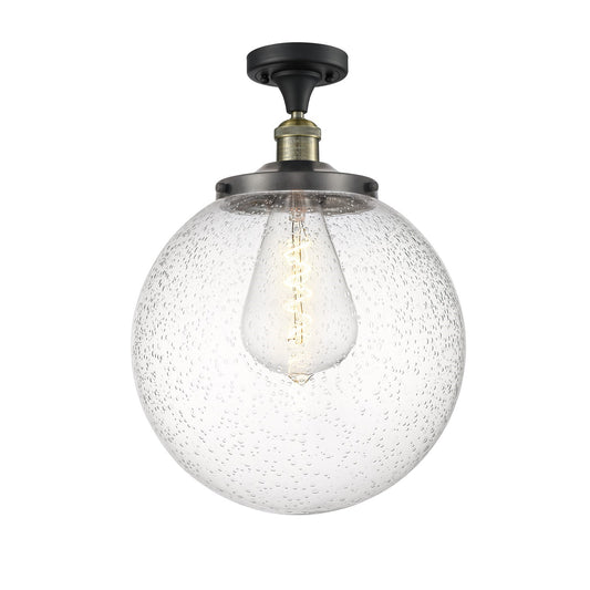 Innovations Beacon 14in 1-Light Semi-Flush Mount | Industrial Black Antique Brass Steel and Seedy Glass | Entryway & Hallway | Model 517-1CH-BAB-G204-14