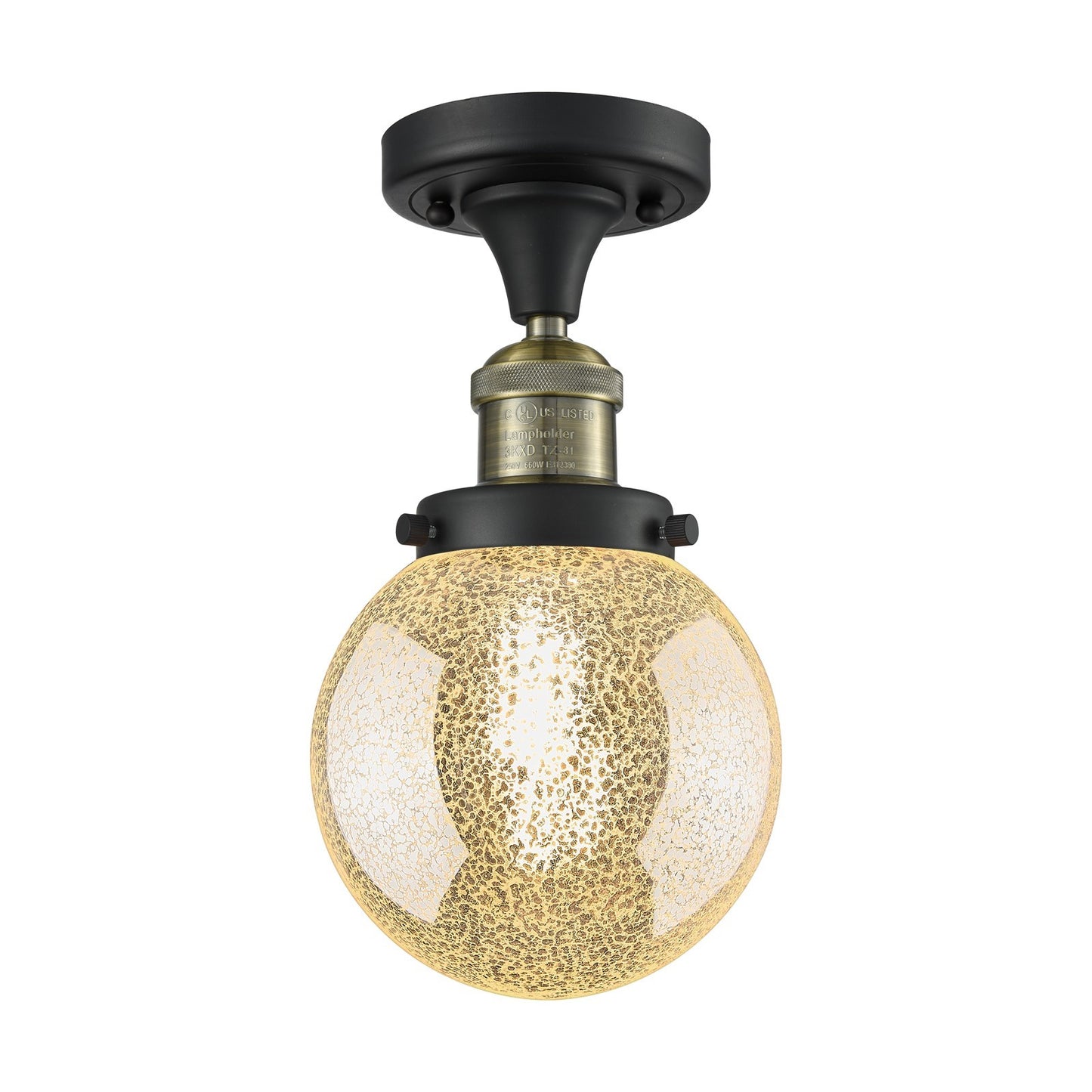 Innovations Beacon 6in 1-Light Semi-Flush Mount | Industrial Black Antique Brass Steel and Mercury Seeded Glass | Entryway & | Model 517-1CH-BAB-G208-6