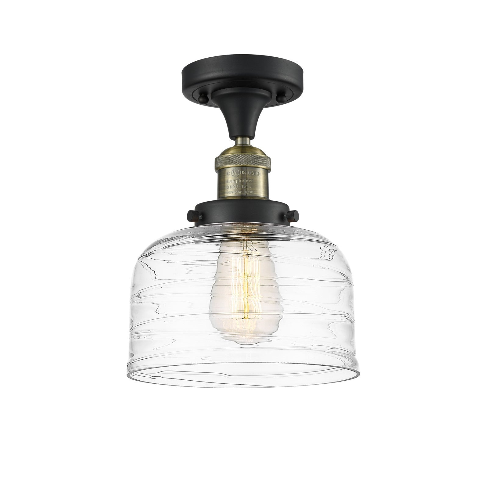Innovations Bell 8in 1-Light Semi-Flush Mount | Industrial Black Antique Brass and Clear Deco Swirl Glass | Kitchen & Hallway | 8 | Model 517-1CH-BAB-G713