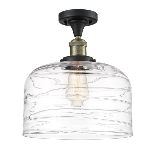 Innovations Bell 12in 1-Light Semi-Flush Mount | Industrial Black Antique Brass and Clear Deco Swirl Glass | Kitchen & | Model 517-1CH-BAB-G713-L-LED