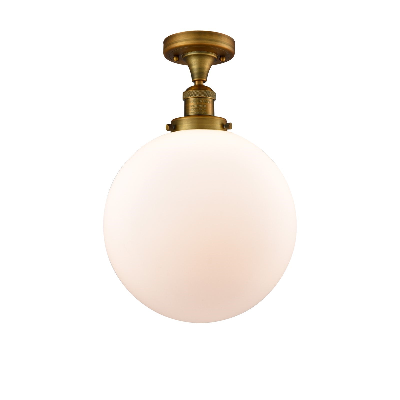 Innovations Beacon 12in 1-Light Semi-Flush | Industrial Brushed Brass Steel and Matte White Frosted Glass | Damp-Rated | Model 517-1CH-BB-G201-12-LED