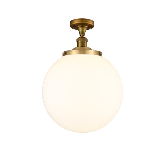 Innovations Beacon 14in 1-Light Semi-Flush Mount | Industrial Brushed Brass Steel and Matte White Frosted Glass | Entryway & | Model 517-1CH-BB-G201-14
