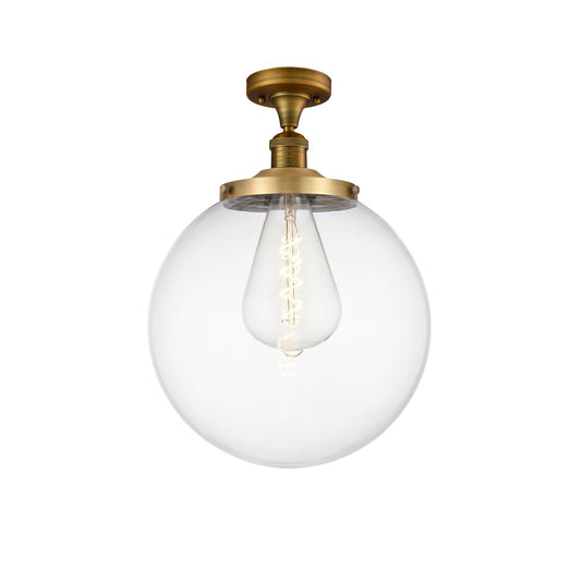 Innovations Beacon 14in 1-Light Semi-Flush Mount | Industrial Brushed Brass Steel and Clear Glass | Entryway & Hallway | 14 x | Model 517-1CH-BB-G202-14