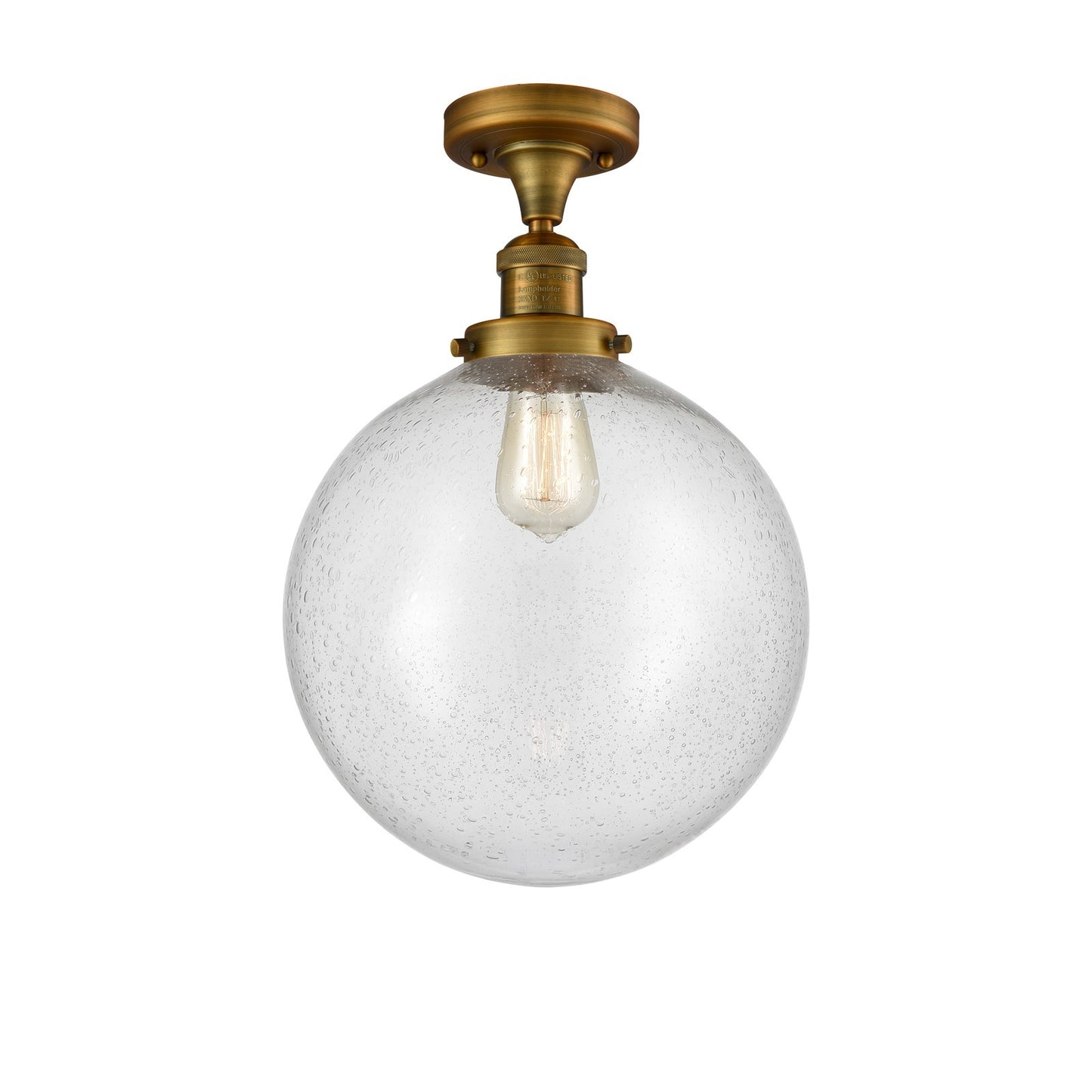 Innovations Beacon 12in 1-Light Semi-Flush | Industrial Brushed Brass Steel and Seedy Glass | Damp-Rated Entryway & Hallway | Model 517-1CH-BB-G204-12-LED