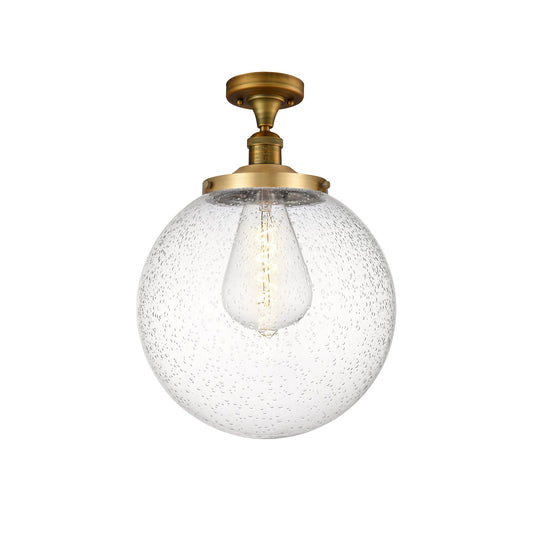 Innovations Beacon 14in 1-Light Semi-Flush Mount | Industrial Brushed Brass Steel and Seedy Glass | Damp-Rated Hallway & | Model 517-1CH-BB-G204-14