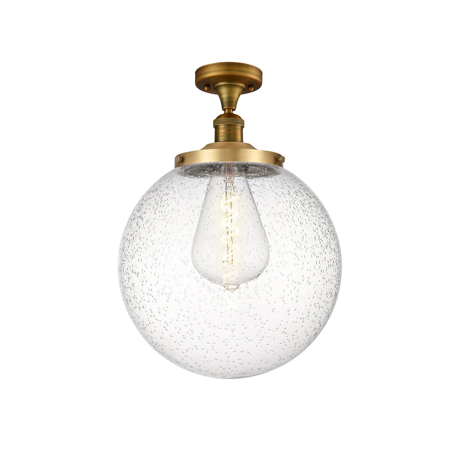 Innovations Beacon 14in 1-Light Semi-Flush Mount | Industrial Brushed Brass Steel and Seedy Glass | Damp-Rated Hallway & | Model 517-1CH-BB-G204-14