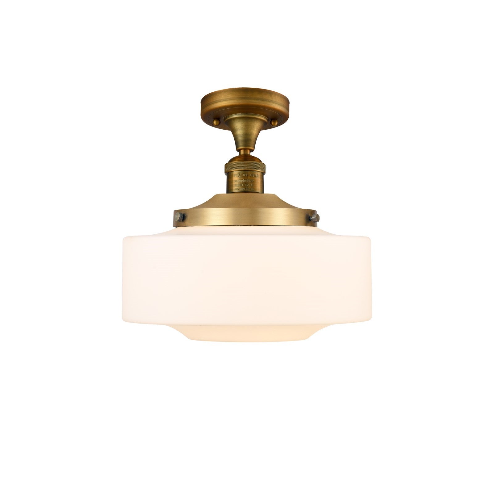 Innovations Bridgeton 12in 1-Light Semi-Flush Mount | Traditional Brushed Brass Steel and Matte White Frosted Glass | Model 517-1CH-BB-G691-12-LED
