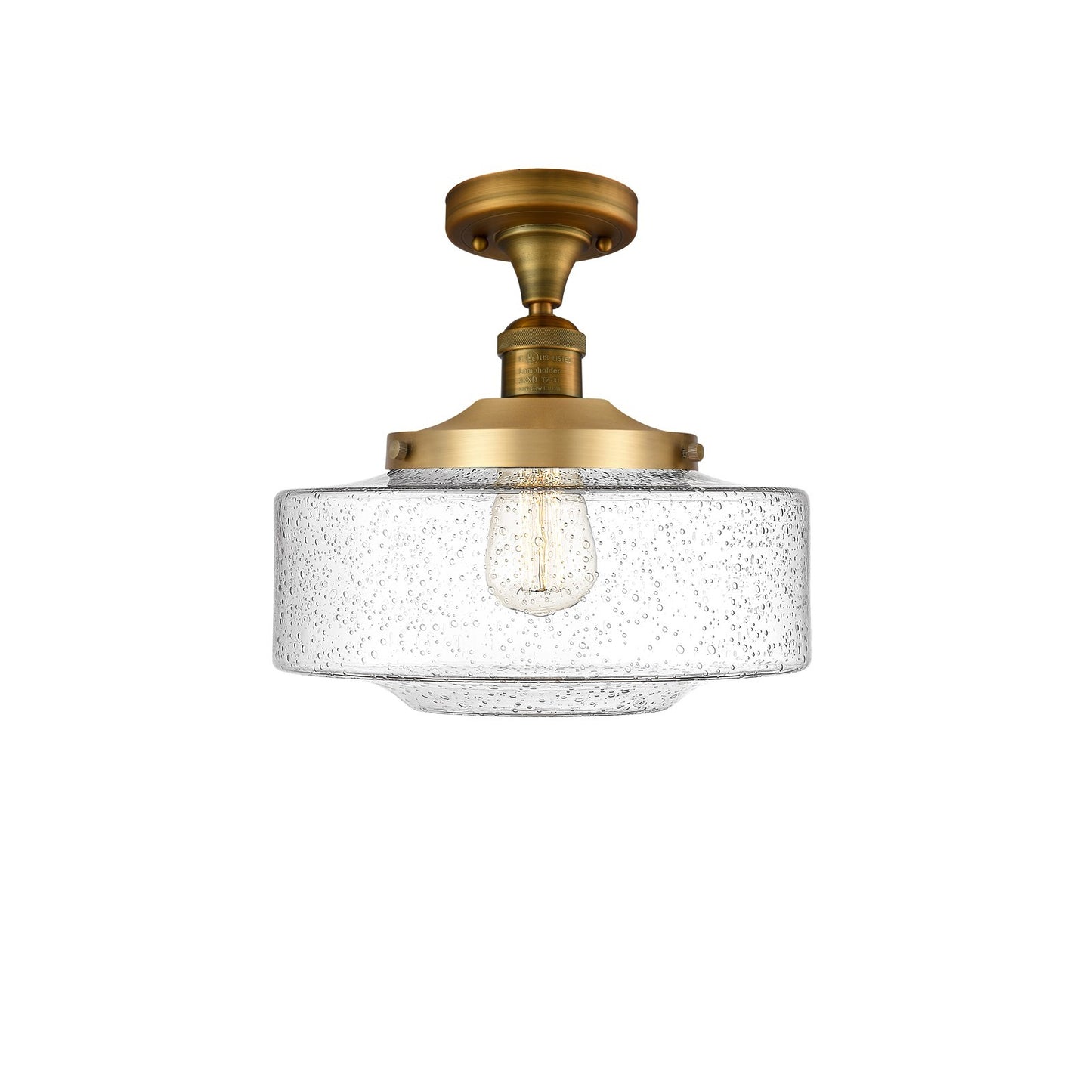 Innovations Bridgeton 12in 1-Light Semi-Flush Mount | Traditional Brushed Brass Steel and Seedy Glass | Hallway & Bathroom | Model 517-1CH-BB-G694-12-LED