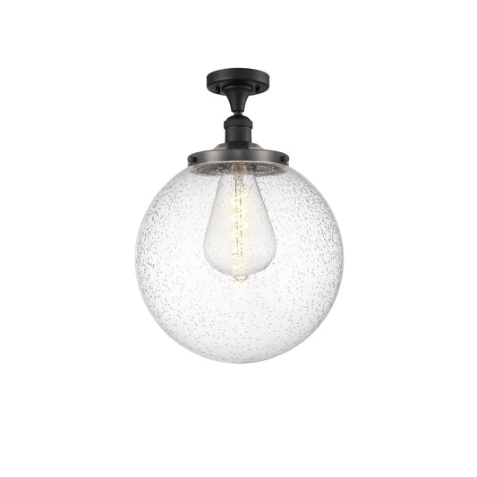 Innovations Beacon 14in 1-Light Semi-Flush Mount | Industrial Matte Black Steel and Seedy Glass | Damp-Rated Entryway & Hallway | Model 517-1CH-BK-G204-14
