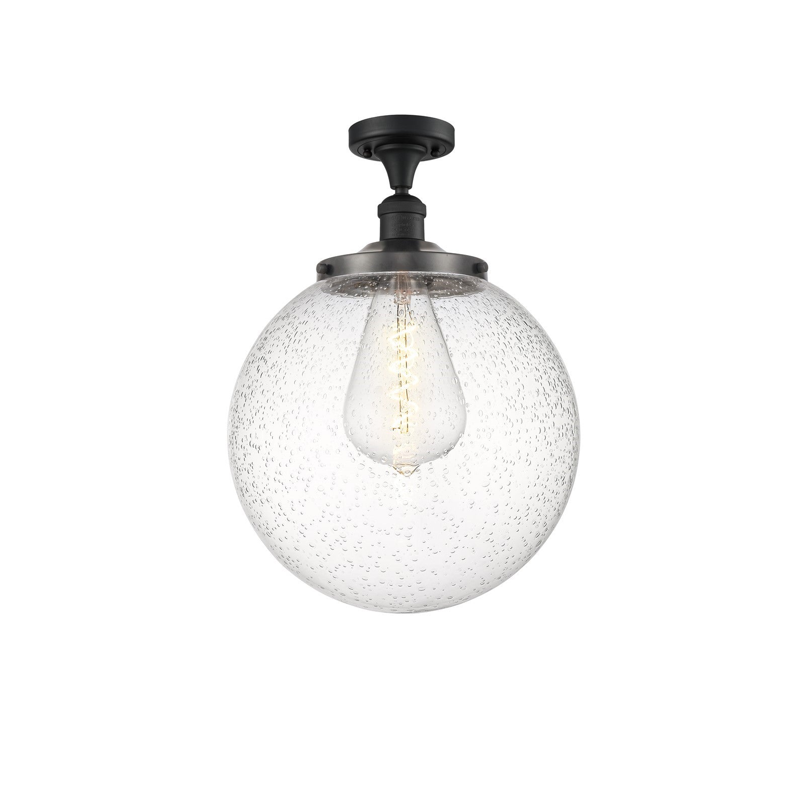 Innovations Beacon 14in 1-Light Semi-Flush Mount | Industrial Matte Black Steel and Seedy Glass | Damp-Rated Entryway & Hallway | Model 517-1CH-BK-G204-14