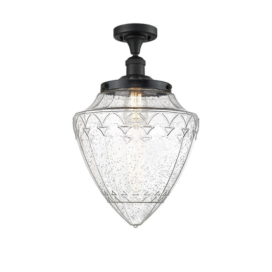 Innovations Bullet 12in 1-Light Semi-Flush Mount | Traditional Art Deco Matte Black Steel and Seedy Glass | Damp-Rated Hallway | Model 517-1CH-BK-G664-12