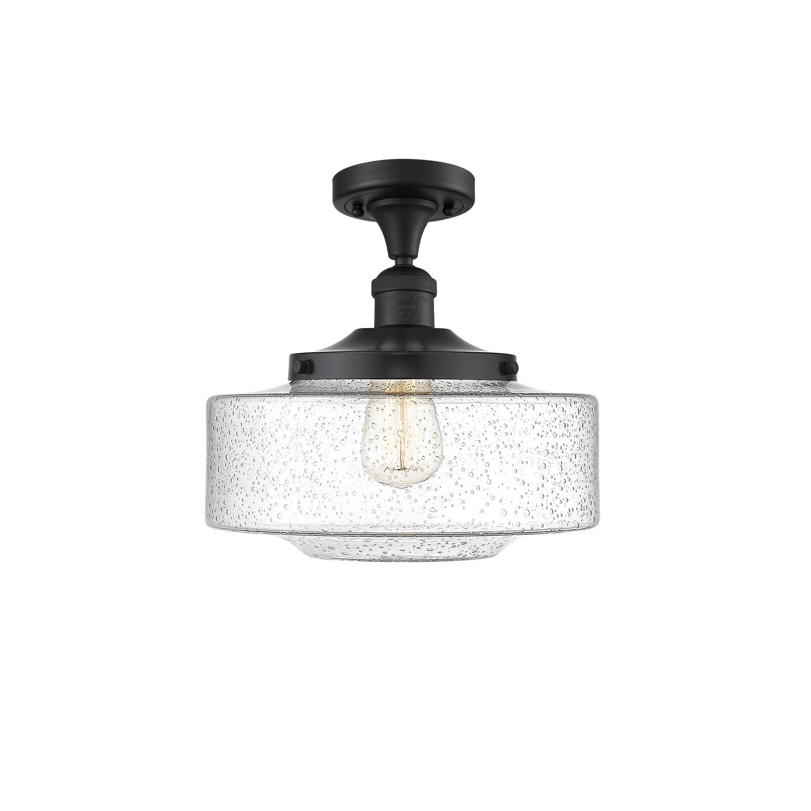 Innovations Bridgeton 12in 1-Light Semi-Flush Mount | Traditional Matte Black Steel and Seedy Glass | Hallway & Entryway | Model 517-1CH-BK-G694-12-LED