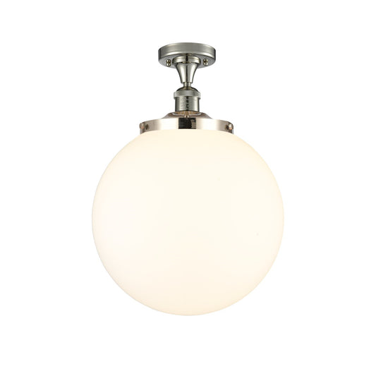 Innovations Beacon 14in 1-Light Semi-Flush Mount | Industrial Polished Nickel and Matte White Frosted Glass | Entryway & | Model 517-1CH-PN-G201-14