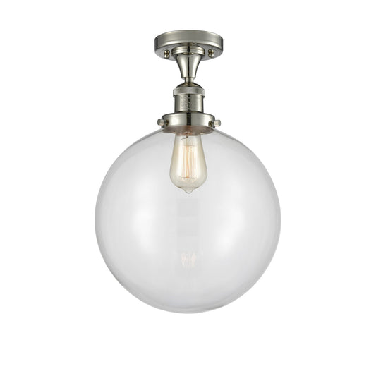 Innovations Beacon 12in 1-Light Semi-Flush Mount | Industrial Polished Nickel Steel and Clear Glass | Kitchen & Bathroom Damp | Model 517-1CH-PN-G202-12
