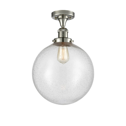 Innovations Beacon 12in 1-Light Semi-Flush Mount | Industrial Polished Nickel Steel and Seedy Glass | Hallway & Bathroom Damp | Model 517-1CH-PN-G204-12