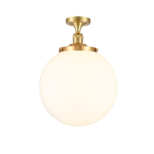 Innovations Beacon 14in 1-Light Semi-Flush Mount | Industrial Satin Gold Steel and Matte White Frosted Glass | Kitchen & | Model 517-1CH-SG-G201-14