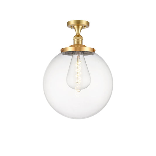 Innovations Beacon 14in 1-Light Semi-Flush Mount | Industrial Satin Gold Steel and Clear Glass | Entryway & Hallway | 14 x 17 in | Model 517-1CH-SG-G202-14