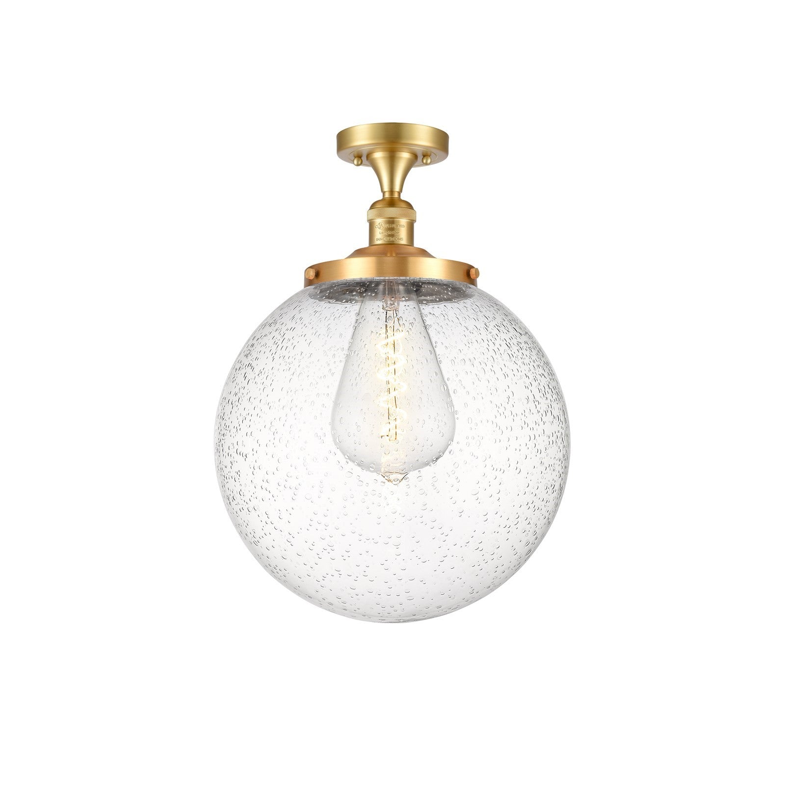 Innovations Beacon 14in 1-Light Semi-Flush Mount | Industrial Satin Gold Steel and Seedy Glass | Entryway & Hallway | 14 x 17 in | Model 517-1CH-SG-G204-14