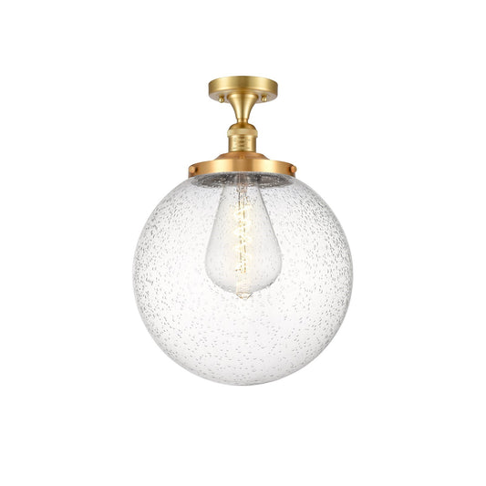 Innovations Beacon 14in 1-Light Semi-Flush Mount | Industrial Satin Gold Steel and Seedy Glass | Entryway & Hallway | 14 x 17 in | Model 517-1CH-SG-G204-14