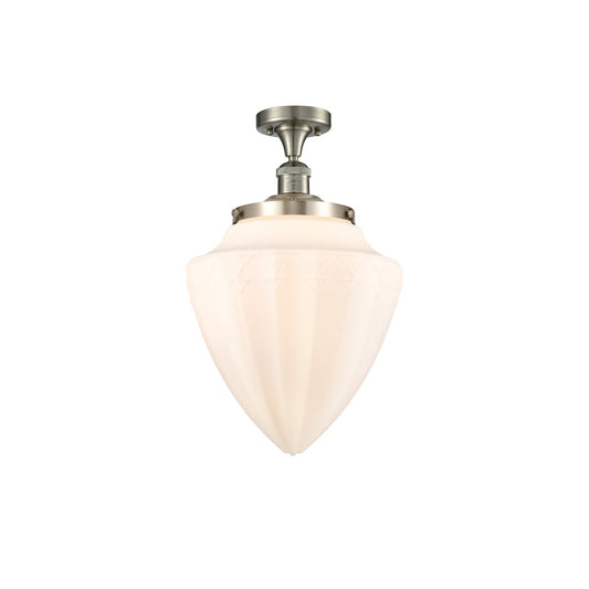 Innovations Bullet 12in 1-Light Semi-Flush Mount | Traditional Art Deco Brushed Satin Nickel and Matte White Frosted Glass | Model 517-1CH-SN-G661-12