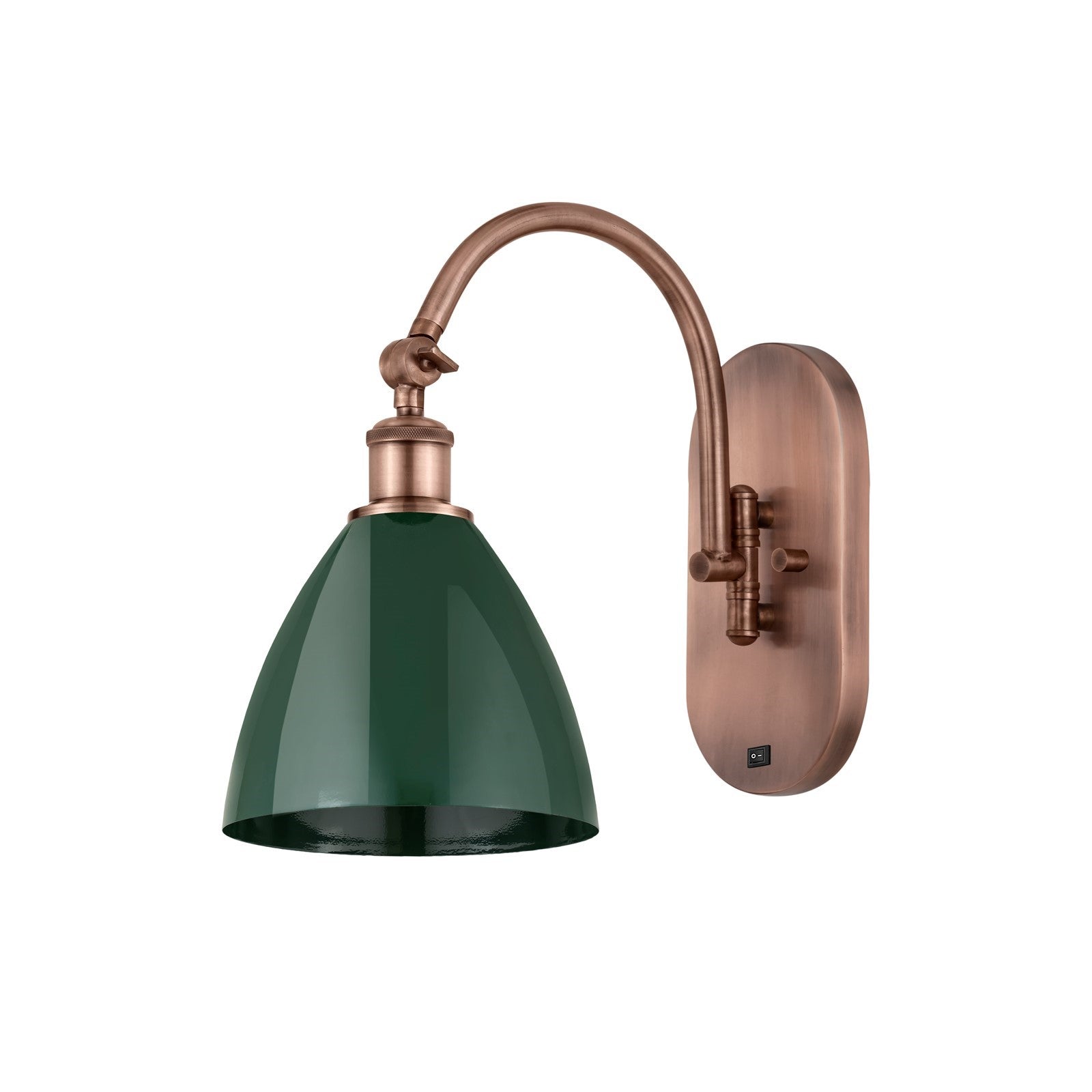 Innovations Plymouth 1-Light 7.5in Swing Arm Wall Sconce | Industrial Farmhouse Antique Copper and Matte Green Metal Shade | Model 518-1W-AC-MBD-75-GR