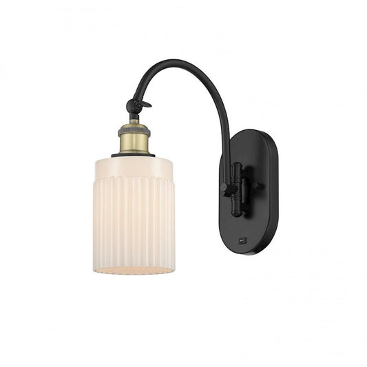 Innovations Ballston Hadley 1-Light Wall Sconce | Art Nouveau Black Antique Brass Steel and Matte White Frosted Ribbed Glass | Model 518-1W-BAB-G341-LED