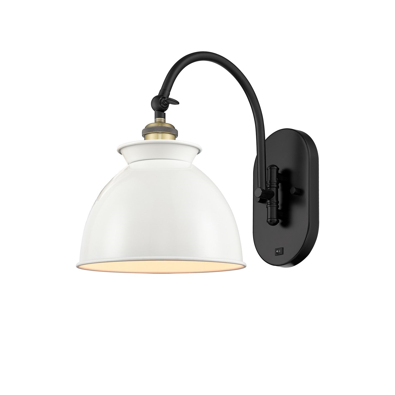 Innovations Adirondack 1-Light Swing Arm Lamp | Industrial Farmhouse Black Antique Brass and Glossy White Metal Shade | Model 518-1W-BAB-M14-W-LED