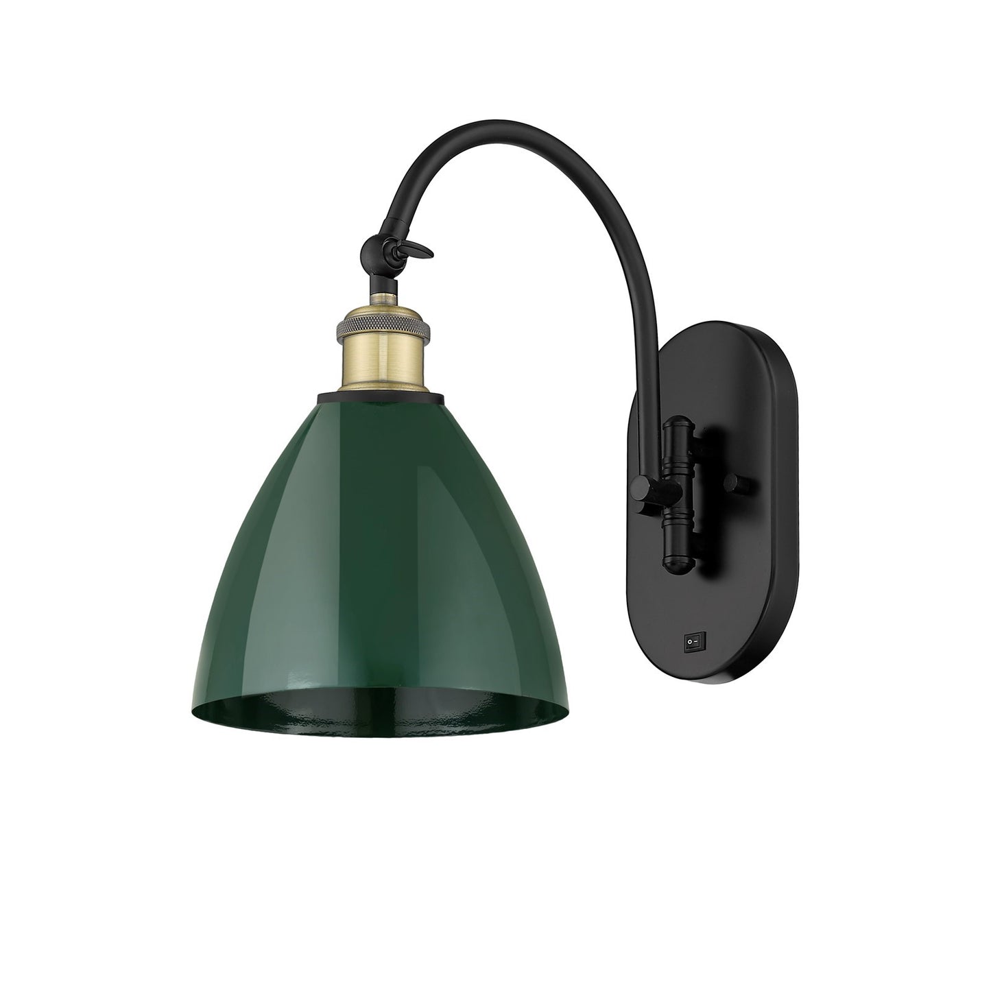 Innovations Plymouth 1-Light 7.5in Swing Arm Sconce | Industrial Black Antique Brass and Matte Green Metal Shade | Living | Model 518-1W-BAB-MBD-75-GR