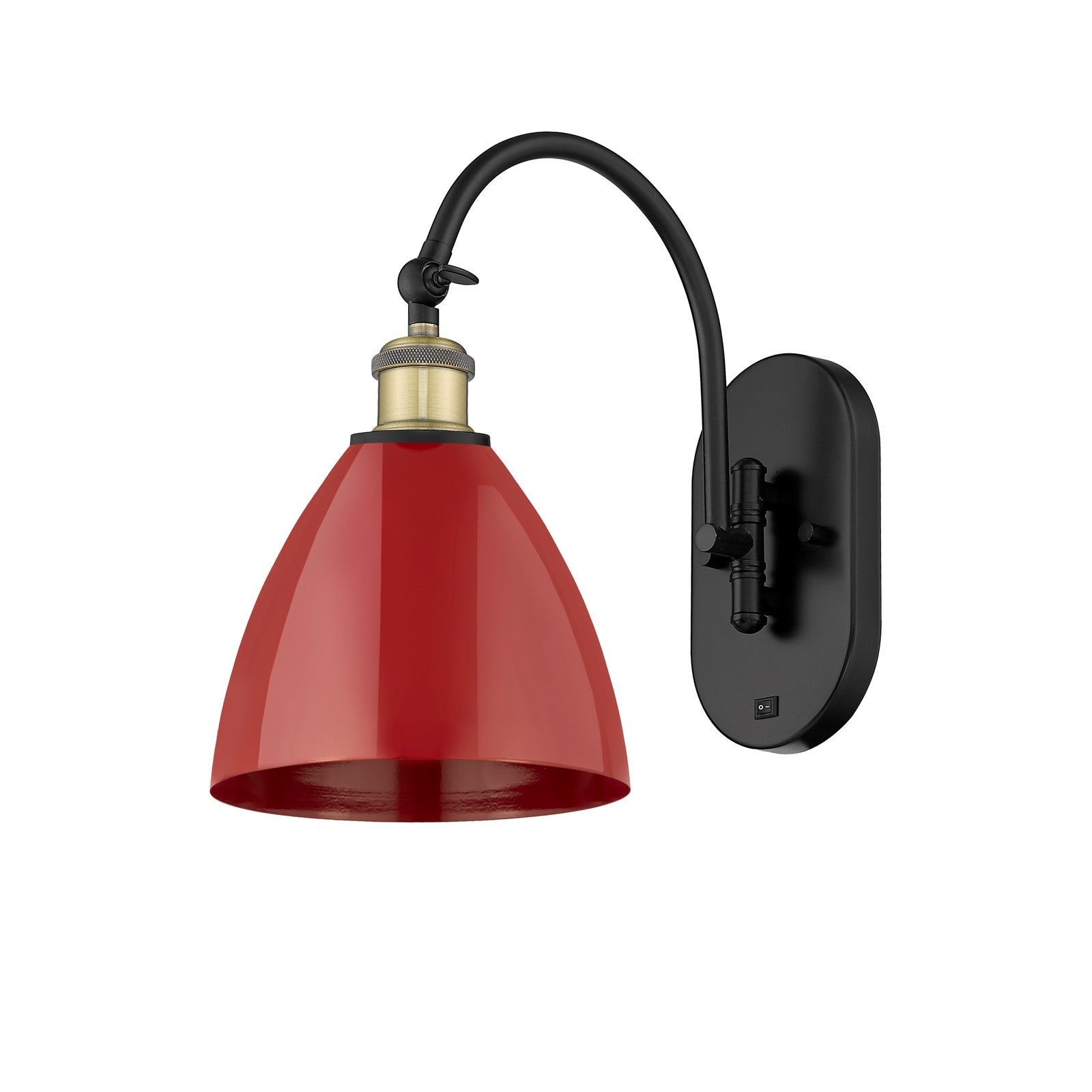 Innovations Plymouth 1-Light 7.5in Swing Arm Sconce | Industrial Black Antique Brass and Matte Red Metal Shade | Bedroom & | Model 518-1W-BAB-MBD-75-RD