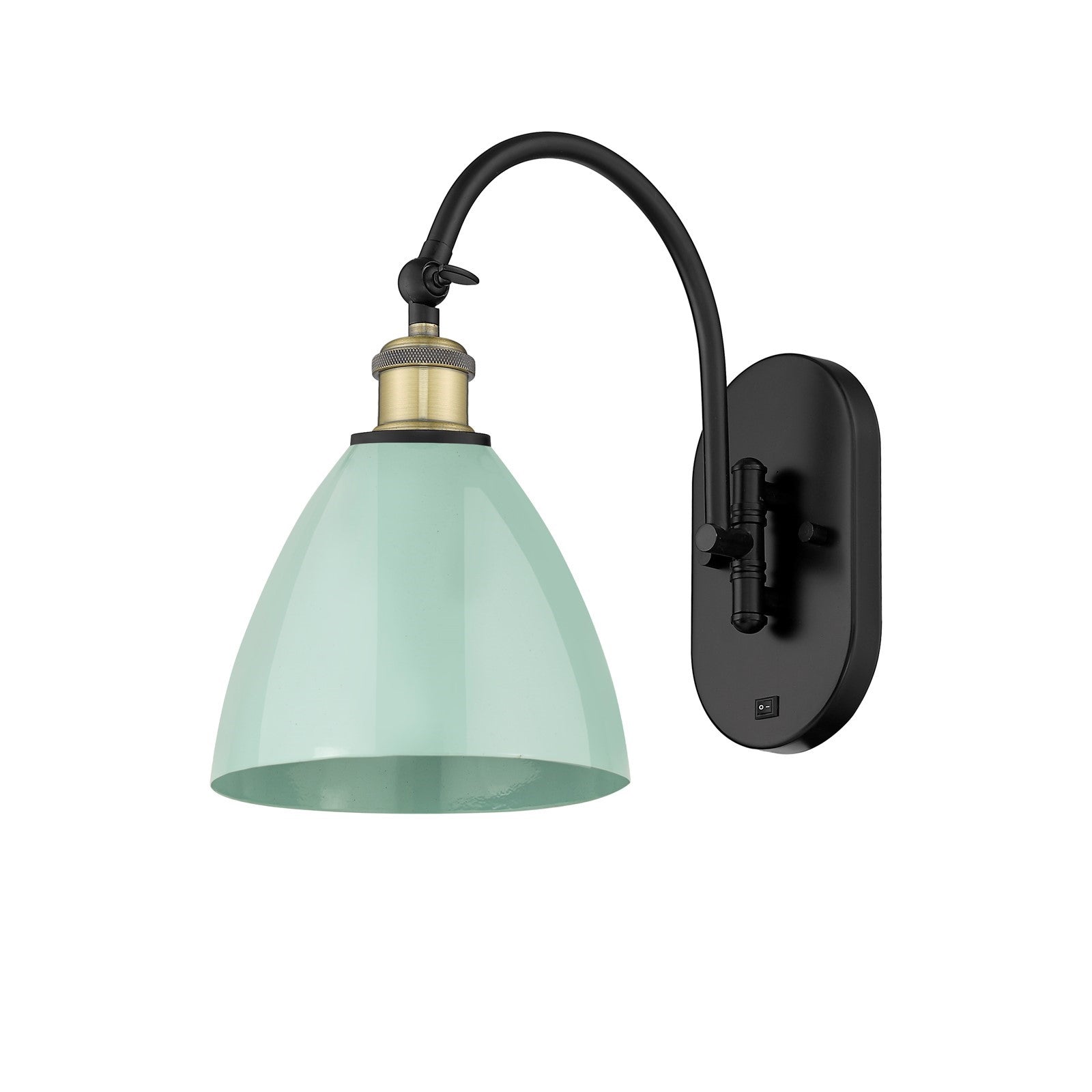 Innovations Plymouth 1-Light 7.5in Swing Arm Wall Sconce | Industrial Black Antique Brass and Matte Seafoam Metal Shade | Model 518-1W-BAB-MBD-75-SF