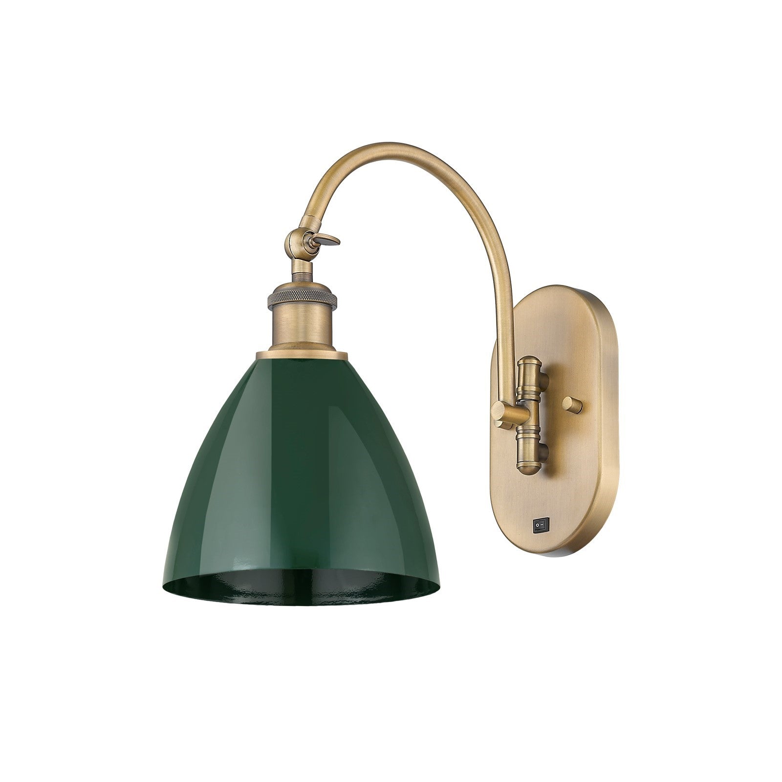 Innovations Plymouth 1-Light 7.5in Swing Arm Wall Sconce | Industrial Farmhouse Brushed Brass and Matte Green Metal Shade | Model 518-1W-BB-MBD-75-GR
