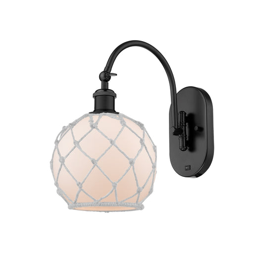 Innovations Farmhouse Rope 8in 1-Light Swing Arm Lamp | Industrial Matte Black Steel and White Frosted Glass with Rope Shade | Model 518-1W-BK-G121-8RW