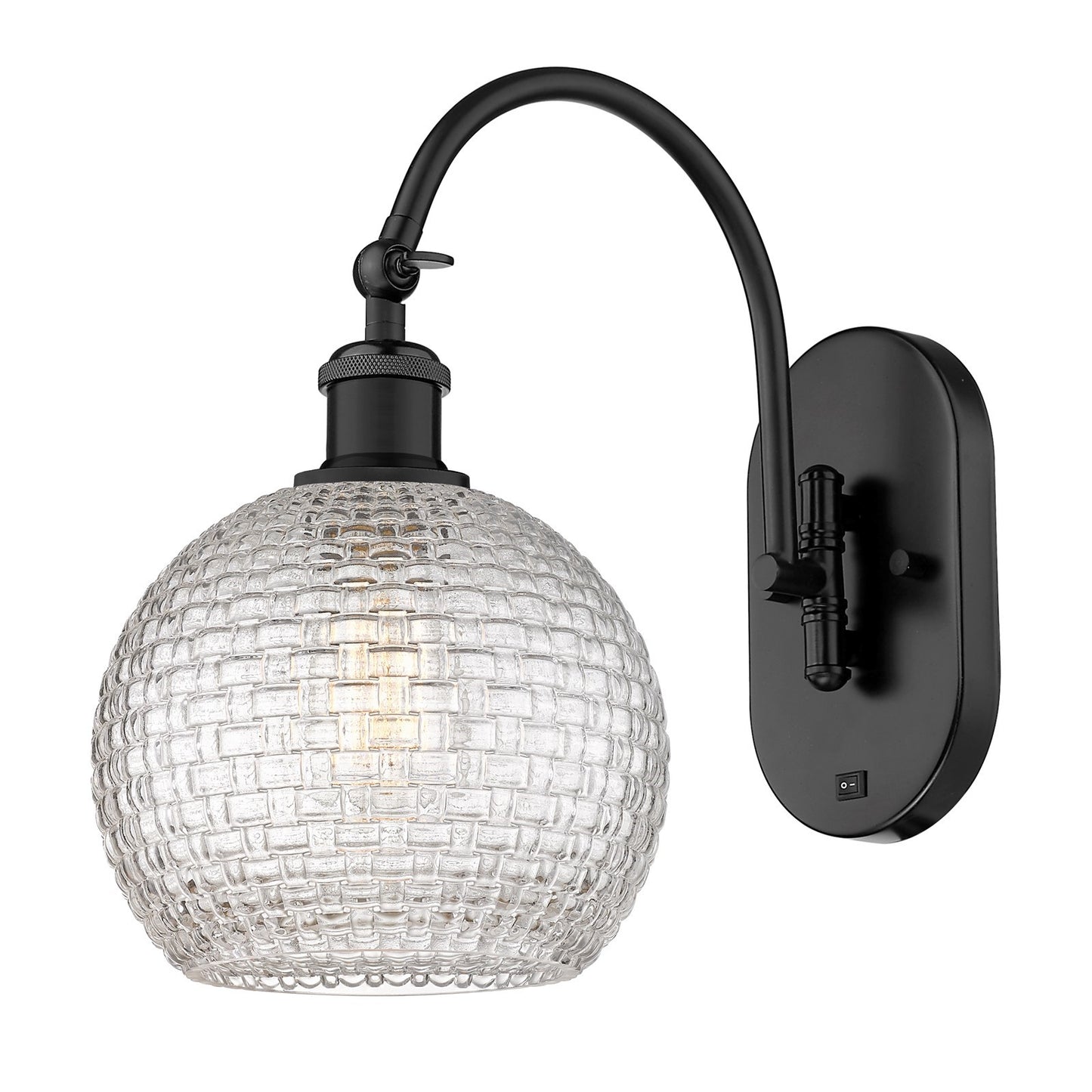 Innovations Athens 8in 1-Light Swing Arm Wall Sconce | Modern Farmhouse Matte Black Steel and Clear Basket Weave Glass | Model 518-1W-BK-G122C-8CL