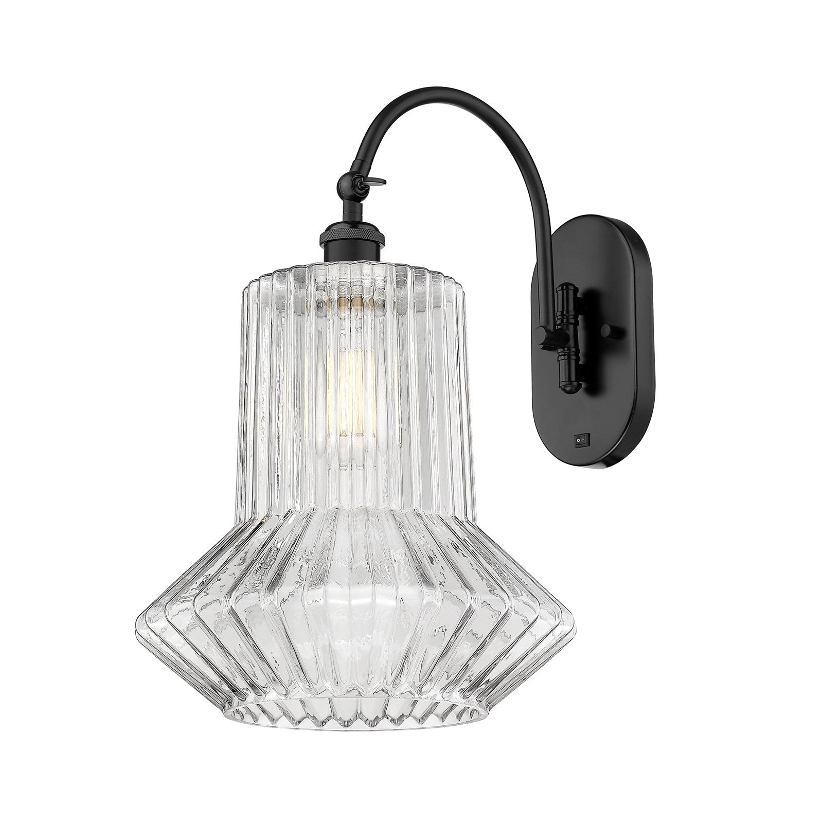 Innovations Springwater 12in 1-Light Swing Arm Lamp | Industrial Matte Black Steel and Clear Fluted Glass | Bedroom & Living Room | Model 518-1W-BK-G212