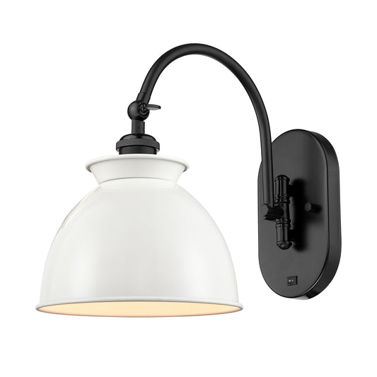 Innovations Adirondack 8in 1-Light Swing Arm Wall Sconce | Industrial Farmhouse Matte Black Steel and Glossy White Metal Shade | Model 518-1W-BK-M14-W-LED