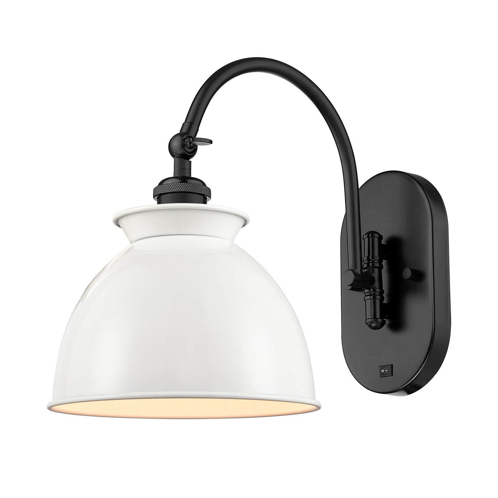 Innovations Adirondack 8in 1-Light Swing Arm Wall Sconce | Industrial Farmhouse Matte Black Steel and Glossy White Metal Shade | Model 518-1W-BK-M14-W-LED