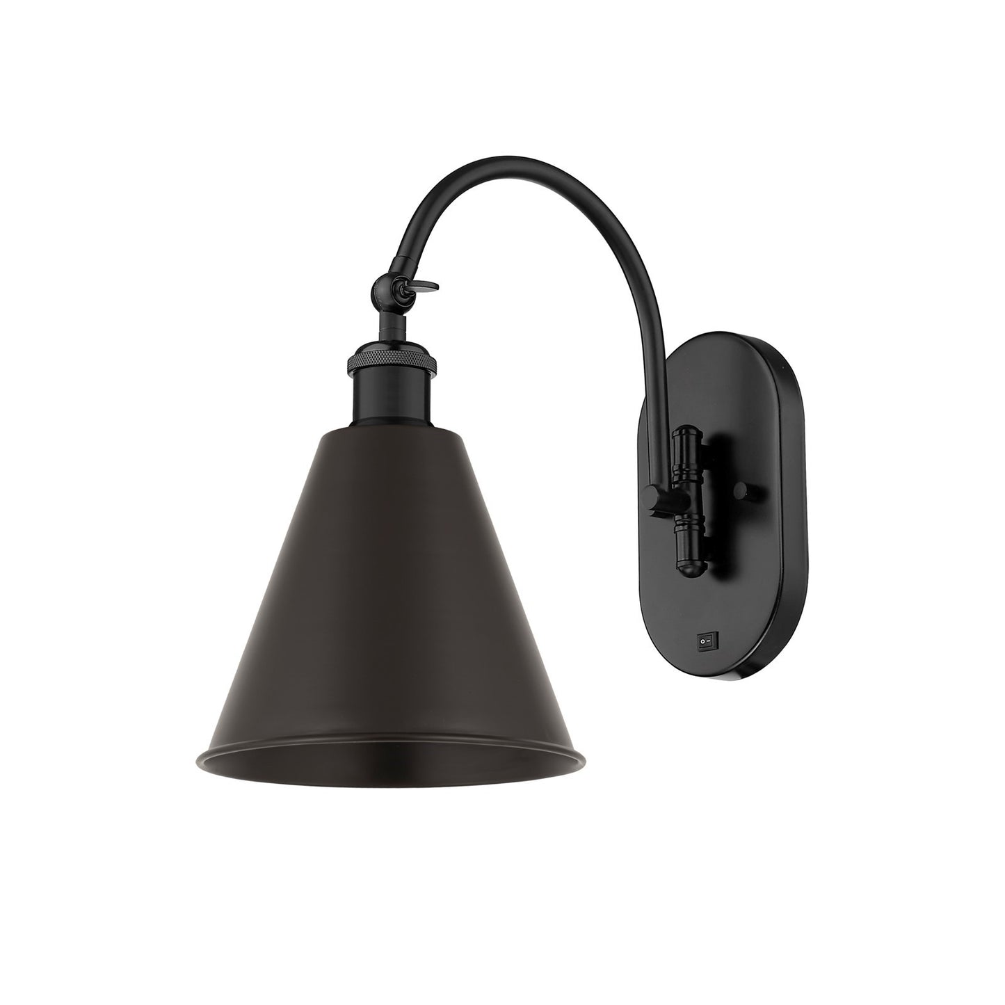 Innovations Berkshire 8in 1-Light Swing Arm Lamp | Industrial Matte Black Steel and Cast Brass with Matte Black Metal Shade | Model 518-1W-BK-MBC-8-BK-LED