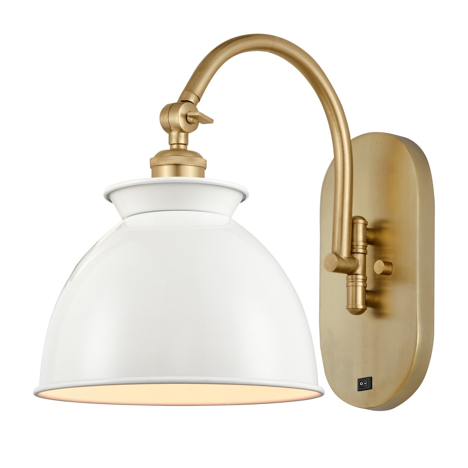 Innovations Adirondack 8.25in 1-Light Swing Arm Lamp | Industrial Farmhouse Satin Gold Steel and Glossy White Metal Shade | Model 518-1W-SG-M14-W-LED