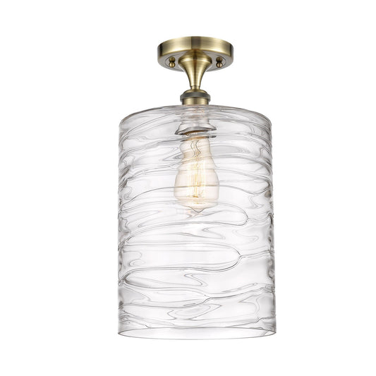 Innovations Cobbleskill 9in 1-Light Semi-Flush Mount | Art Nouveau Industrial Antique Brass Steel and Clear Deco Swirl Glass | Model 616-1F-AB-G1113-L