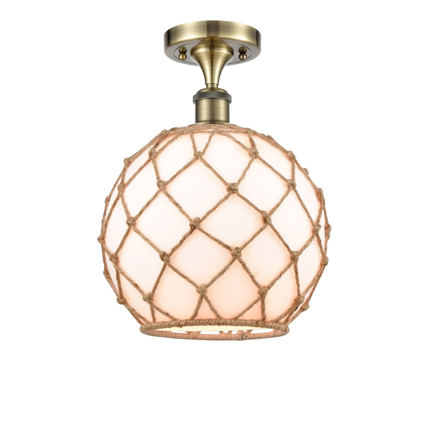 Innovations Farmhouse Rope 10in 1-Light Semi-Flush Mount | Industrial Antique Brass Steel and Matte White Glass with Brown | Model 616-1F-AB-G121-10RB