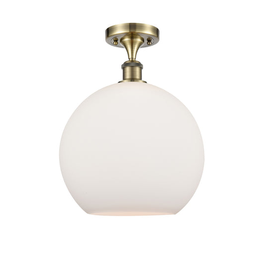 Innovations Athens 12in 1-Light Semi-Flush Mount | Industrial Antique Brass Steel and Matte White Glass | Damp-Rated Entryway & | Model 616-1F-AB-G121-12