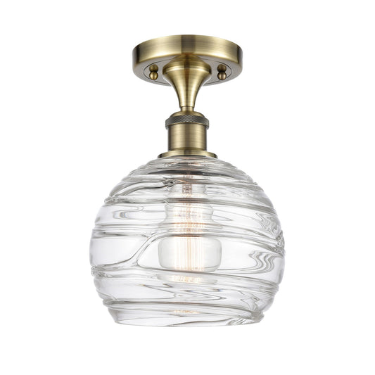 Innovations Athens Deco Swirl 8in 1-Light Semi-Flush Mount | Industrial Antique Brass Steel and Clear Deco Swirl Glass | Model 616-1F-AB-G1213-8CL