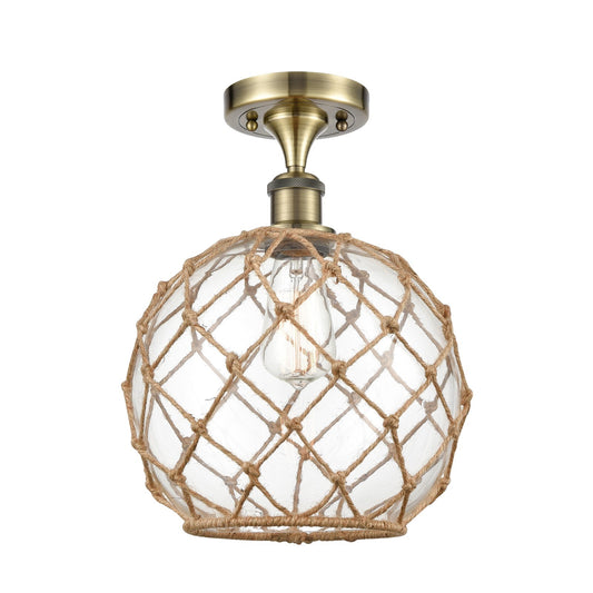 Innovations Farmhouse Rope 10in 1-Light Semi-Flush Mount | Industrial Antique Brass Steel and Clear Glass with Brown Rope | Model 616-1F-AB-G122-10RB