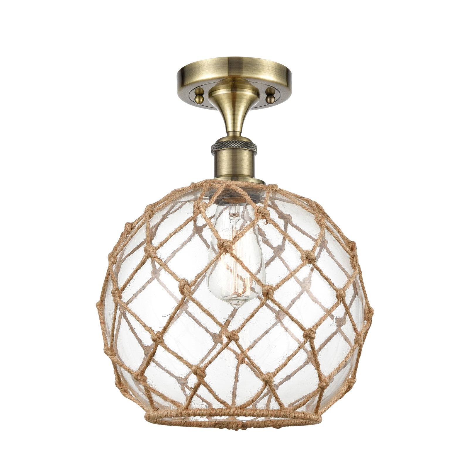 Innovations Farmhouse Rope 10in 1-Light Semi-Flush Mount | Industrial Antique Brass Steel and Clear Glass with Brown Rope | Model 616-1F-AB-G122-10RB